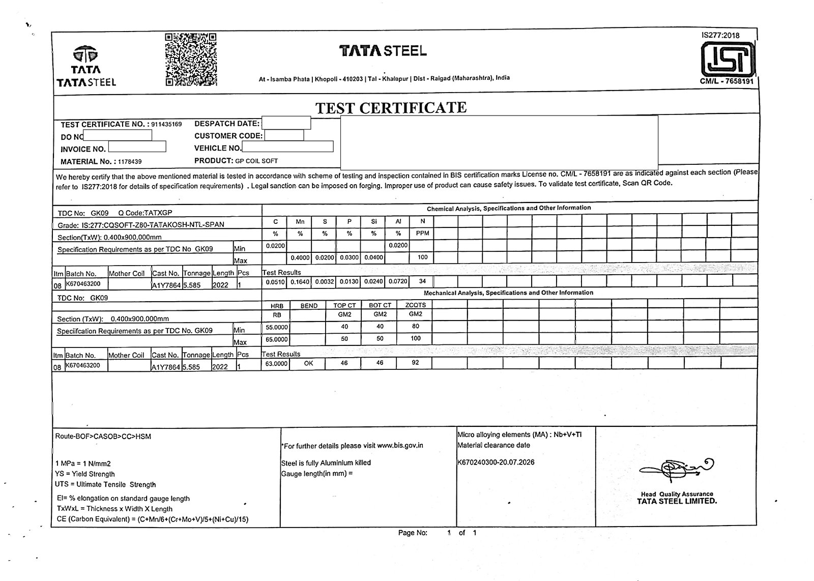 Tata Steel test certificate for GI coil raw material, page 1 of 2