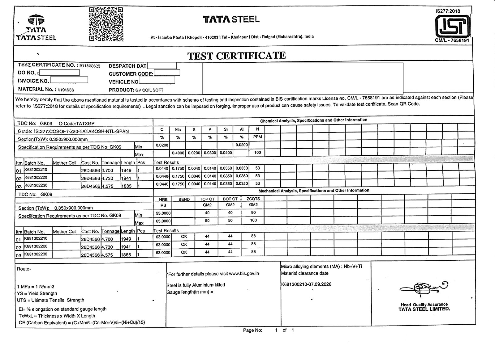 Tata Steel test certificate for GI coil raw material, page 2 of 2